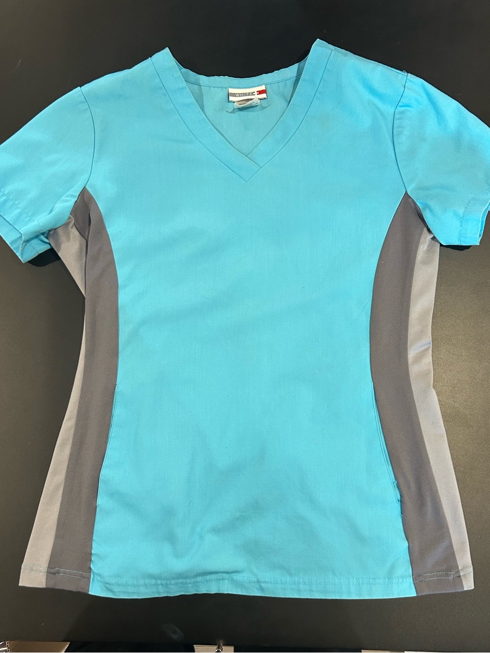 Aqua Blue V-Neck Scrub Top with Gray Side Panels